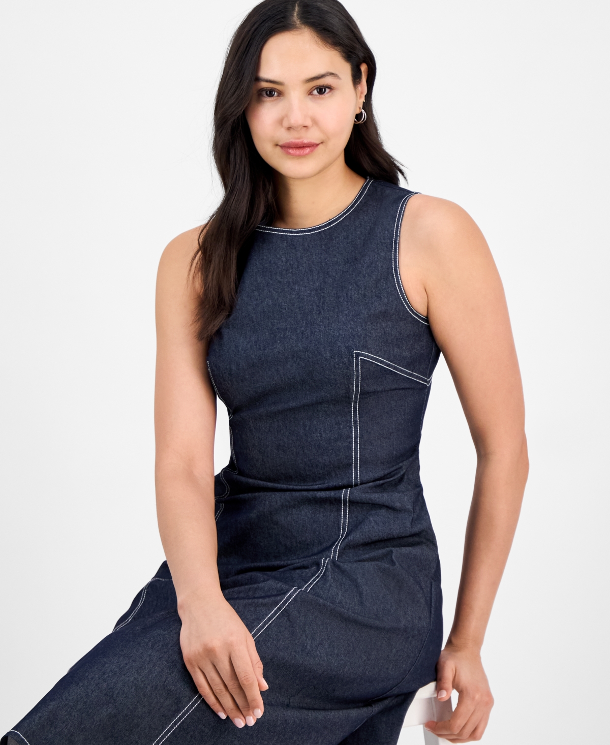 Shop Vince Camuto Women's Fit & Flare Cotton Denim Midi Dress In Navy