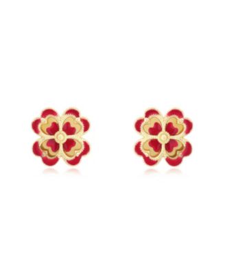 Dark Red Enamel and Gold Clover Earrings 14K Gold