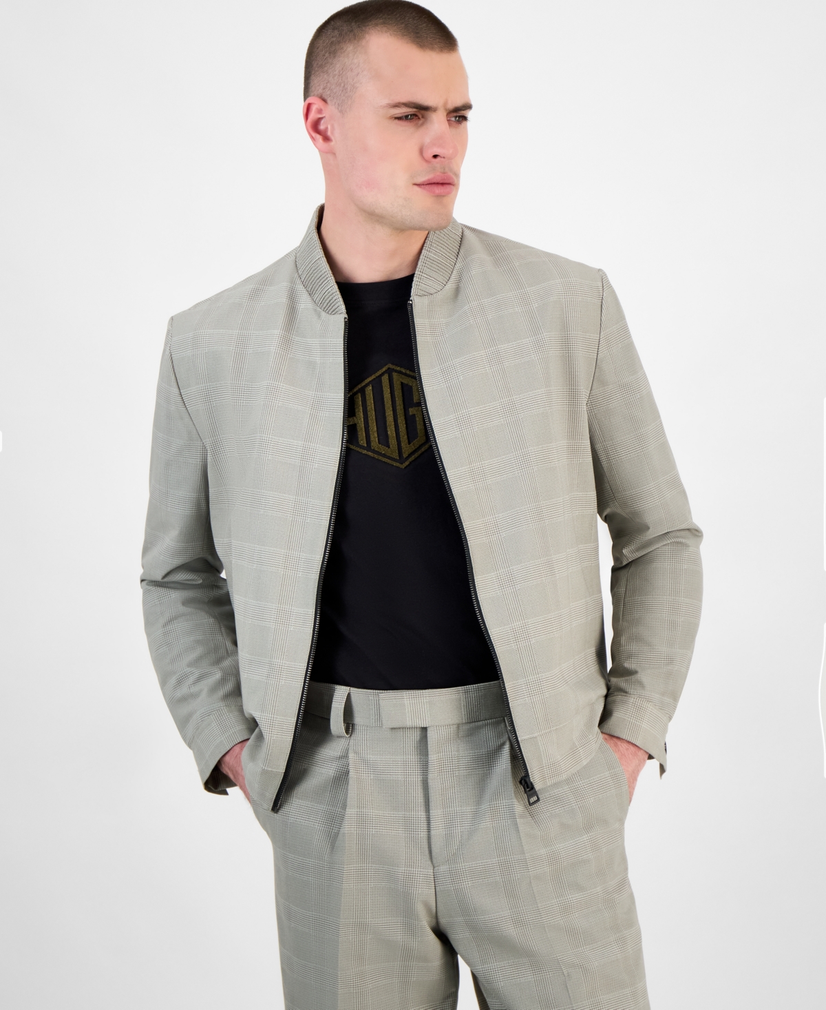 HUGO BOSS HUGO BY HUGO BOSS MEN'S UKASHI252F1X MODERN-FIT GLEN CHECK FULL-ZIP BOMBER JACKET 
