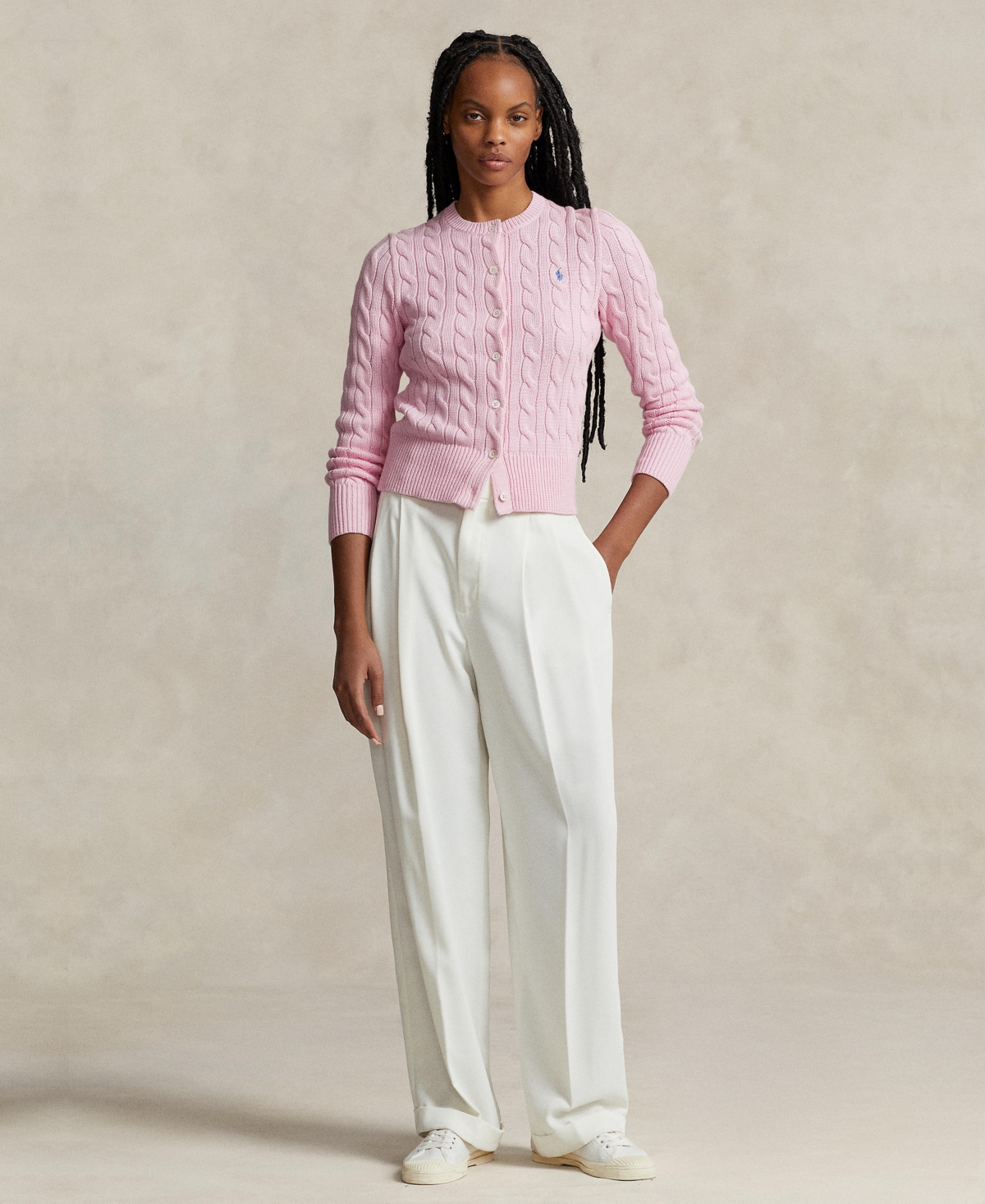 Shop Polo Ralph Lauren Women's Cable-knit Cotton Crewneck Cardigan Sweater In Carmel Pink