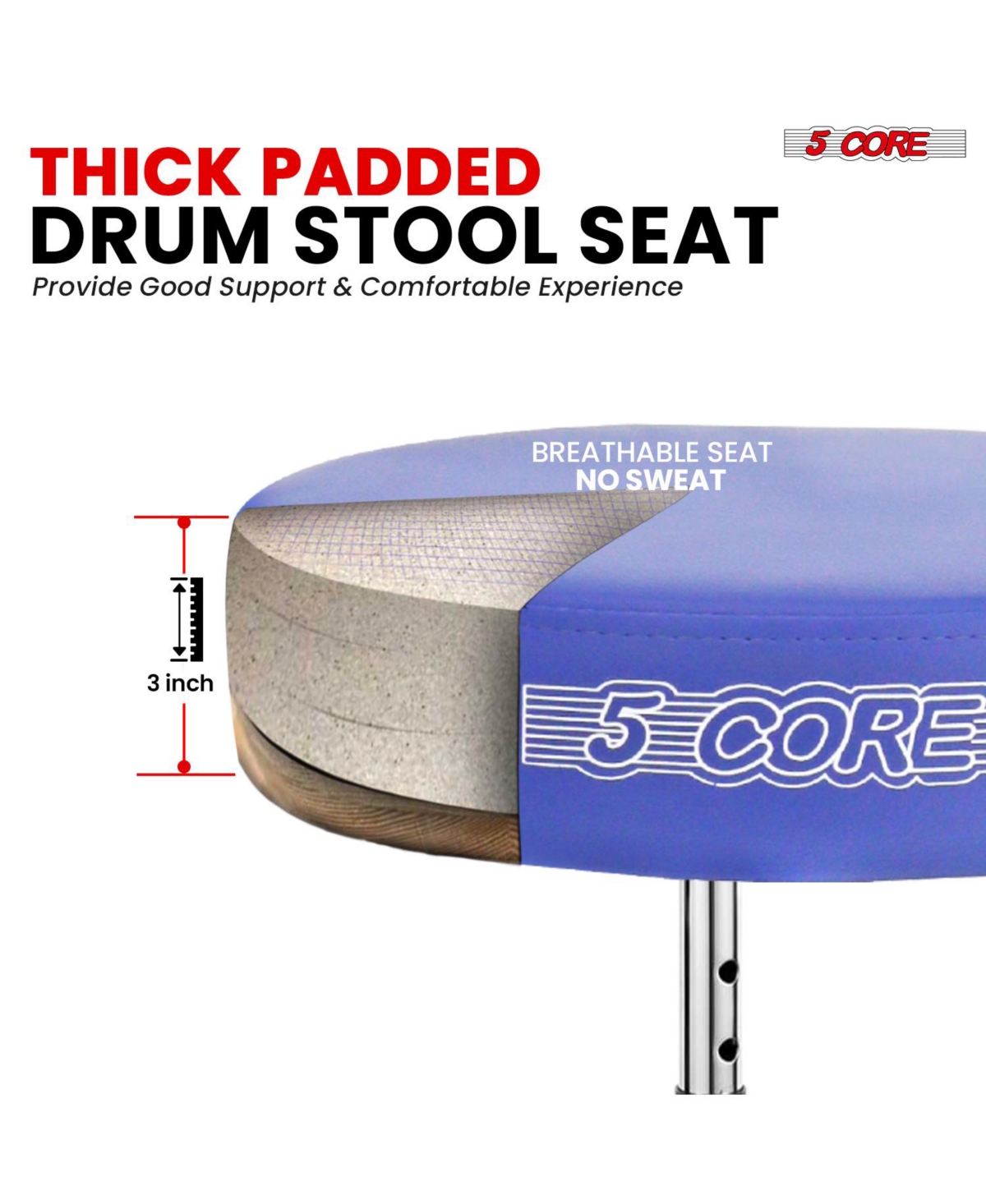 5 Core Drum Throne Adjustable Guitar Stool Padded Seat + Drum Practice Pad Snare Drumming Stand