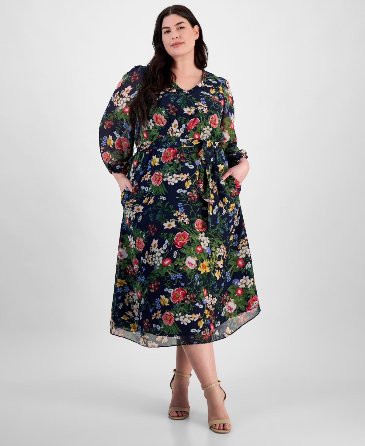 Anne Klein Floral Print Long Sleeve Chiffon Midi Dress In Distant Mountain Multi