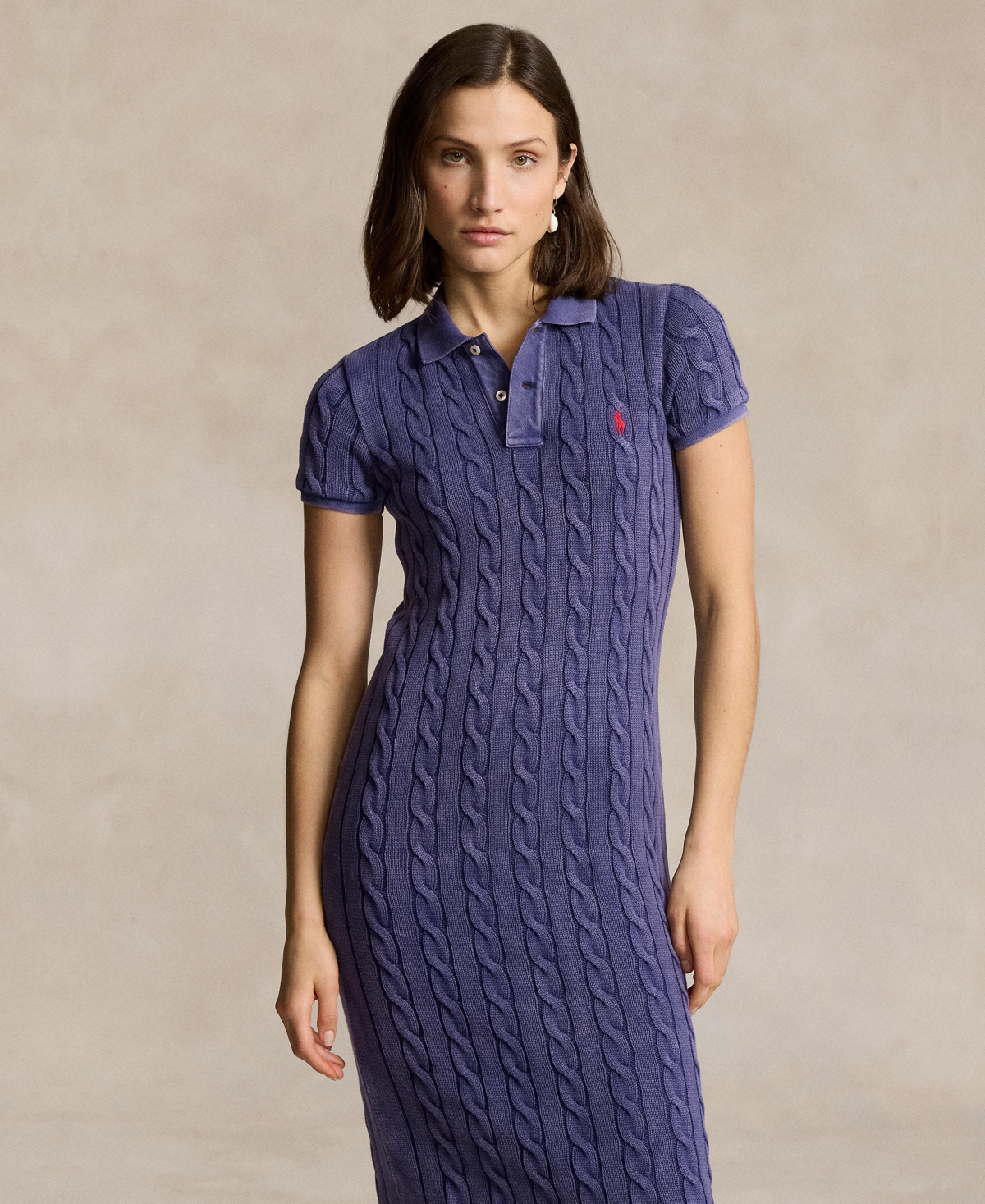 POLO RALPH LAUREN WOMEN'S CABLE-KNIT COTTON POLO MIDI DRESS 