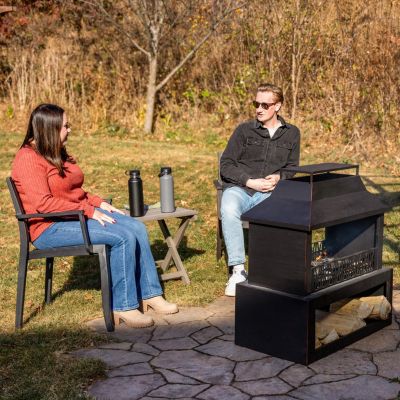 Backyard Blaze Heavy-Duty Steel Outdoor Fireplace - Built-In Log Storage and Protective Cover - 35-Inch H - Brushed Bronze