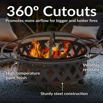 Outdoor Camping or Backyard Crossweave Cut Out Fire Pit with Spark Screen and Log Poker
