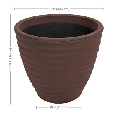Indoor/Outdoor Round Ribbed Polyresin Planter Pot with Double Wall Design - Rust - 16"