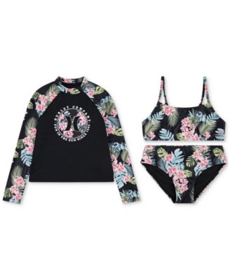 Hurley - Big Girls 3-Pc. Rash Guard & Bikini Set