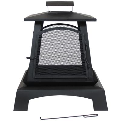 Outdoor Camping or Backyard Steel Pagoda Style Fire Pit with Log Poker and Wood Grate - 32" - Black