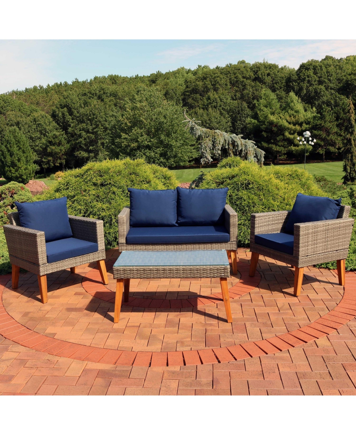 Outdoor Rattan and Acacia Wood Clifdon Patio Furniture Set with Loveseat, Chairs, Table, and Seat Cushions - Navy Blue - 4pc