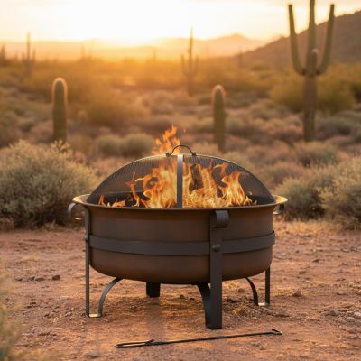 Outdoor Camping or Backyard Large Round Cauldron Fire Pit Bowl with Log Poker and Spark Screen - 29"