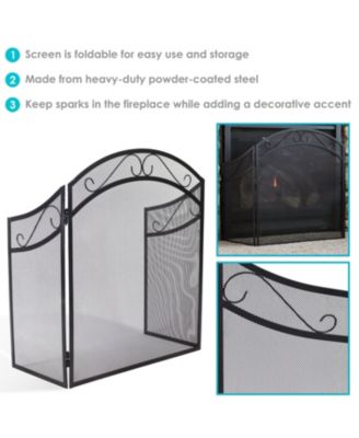 Folding 3-Panel Steel Fireplace Screen with Elegant Scroll Design - Black