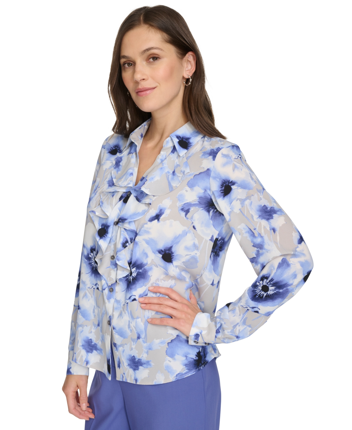 Calvin Klein Women's Printed Ruffle-collar Blouse In Spring Blue Multi