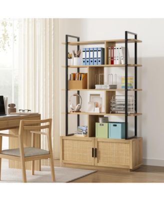 5 Tier Rattan Bookshelf with Storage Cabinet & Door