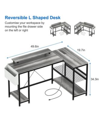 L Shaped Computer Desk with Power Outlets & LED Light, 49.6" Reversible Corner Computer Desk