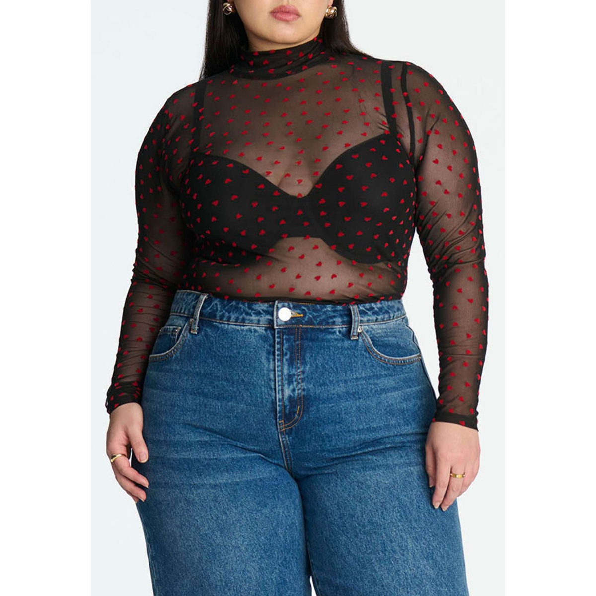 Women's Plus Size Mesh Heart Top - Red black