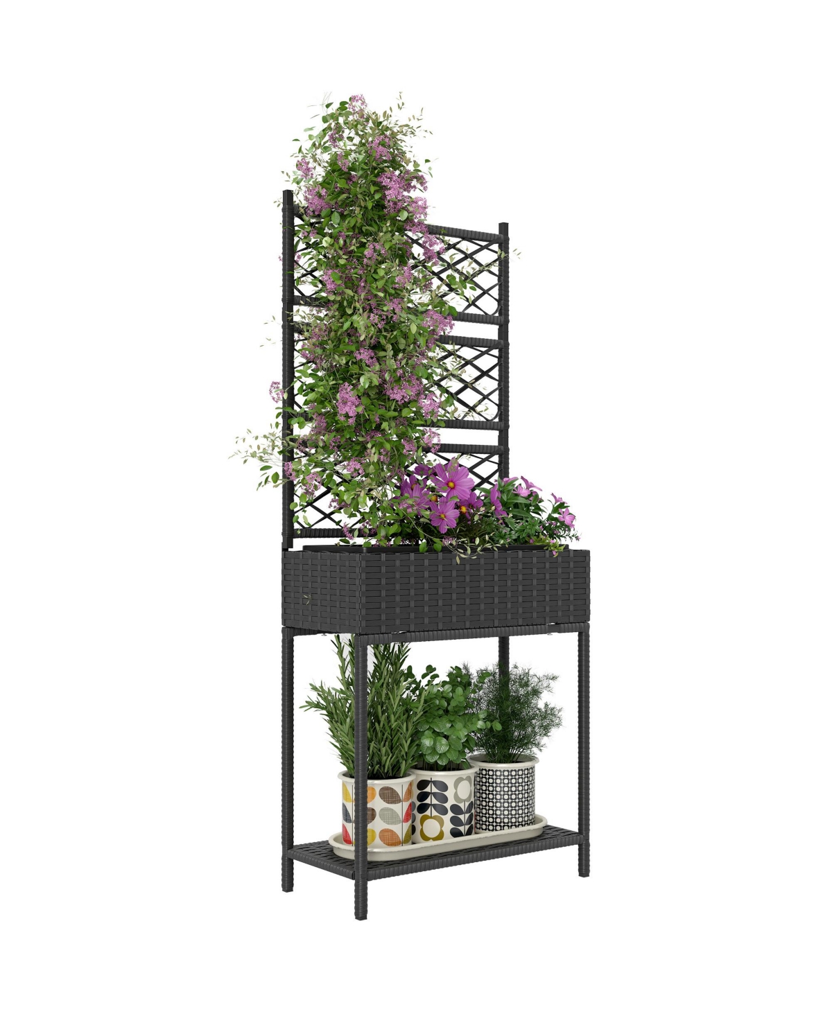 Rat Raised Planter Box with Trellis and Storage Shelf, - Brown