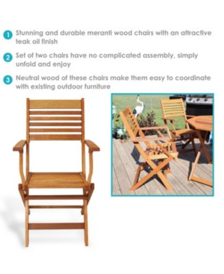 Meranti Wood with Teak Oil Finish Wooden Folding Patio Lawn Slatted Arm Chairs Set - Brown - 2pk