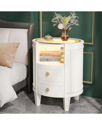 Set of 2 Nightstand with LED Glass Tabletop, Modern Ivory White Nightstand with 2 Drawers, No Assembly Required, Oval Bedside Table