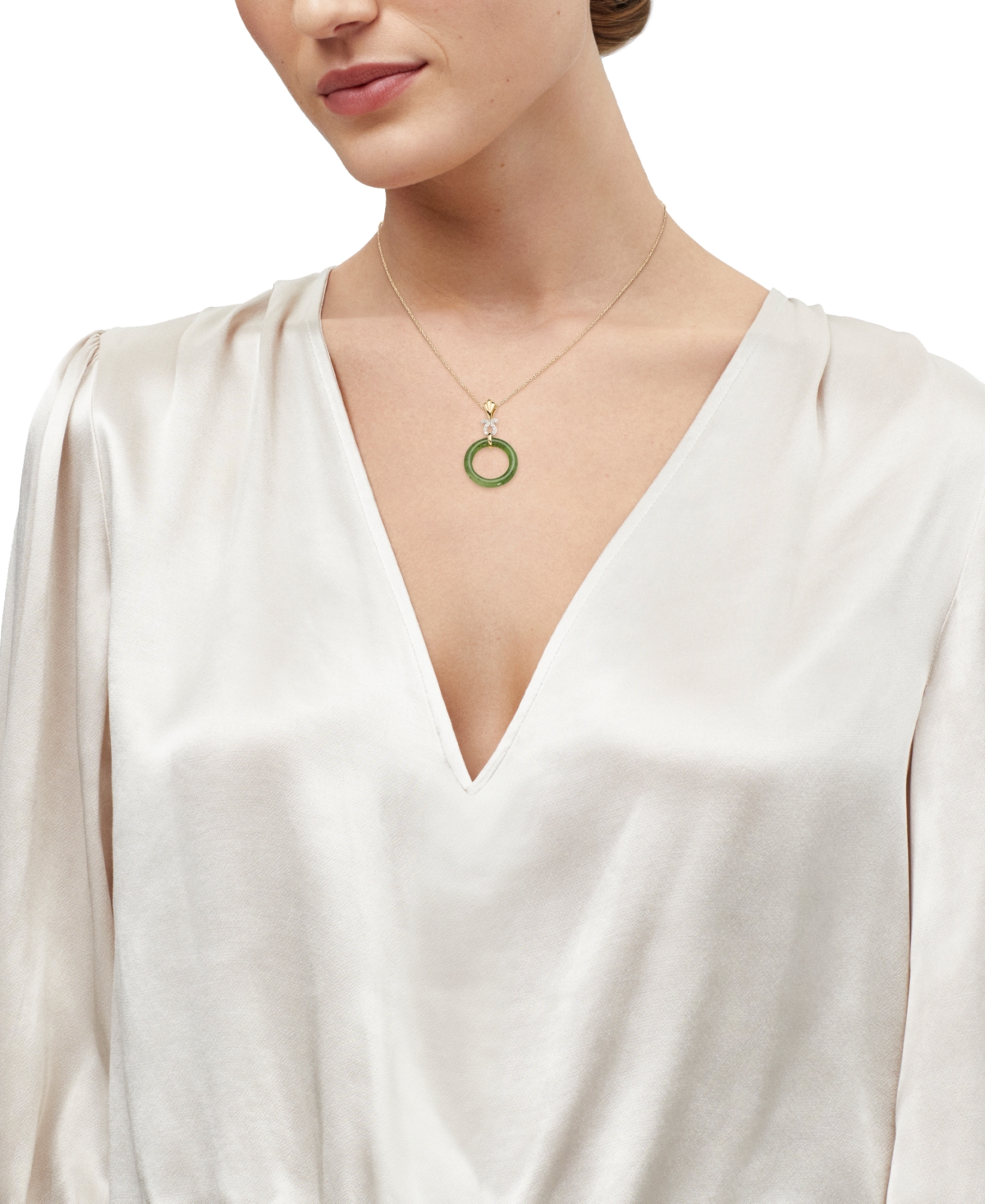 Shop Macy's Green Jade & Diamond Accent Pendant Necklace In 14k Gold Over Sterling Silver, 16" + 2" Extender In 14k Yellow Gold Over Sterling Silver