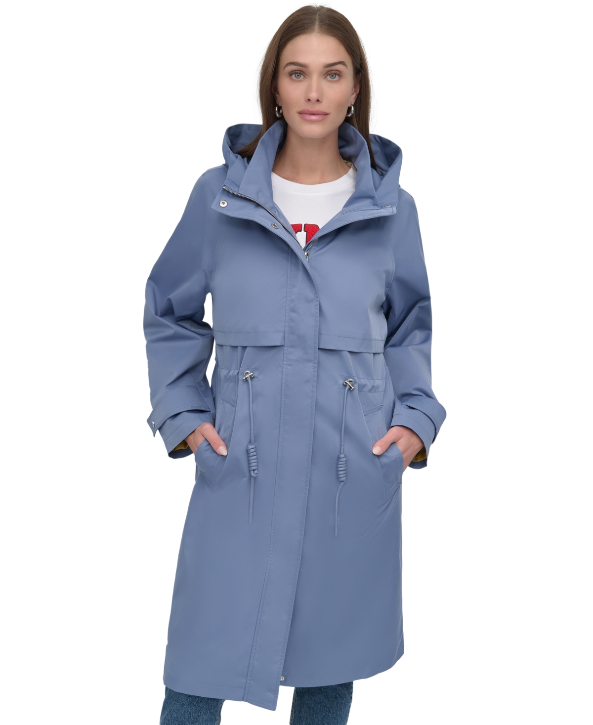DKNY WOMEN'S HOODED ZIP-FRONT LONG ANORAK COAT 