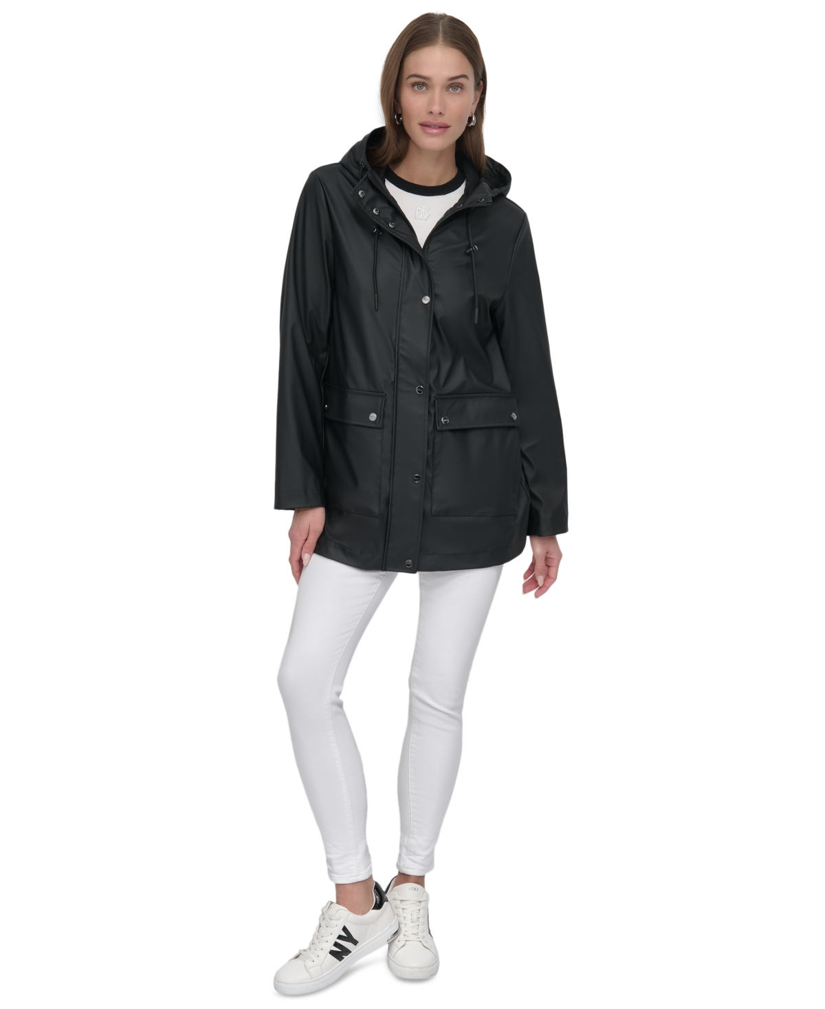 Shop Dkny Women's Hooded Zip-front Water-resistant Raincoat In Black