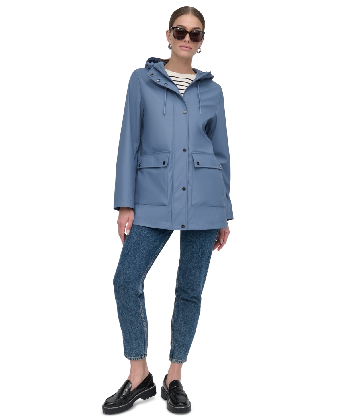 Shop Dkny Petite Hooded Zip-front Water-resistant Raincoat In Denim (blue)