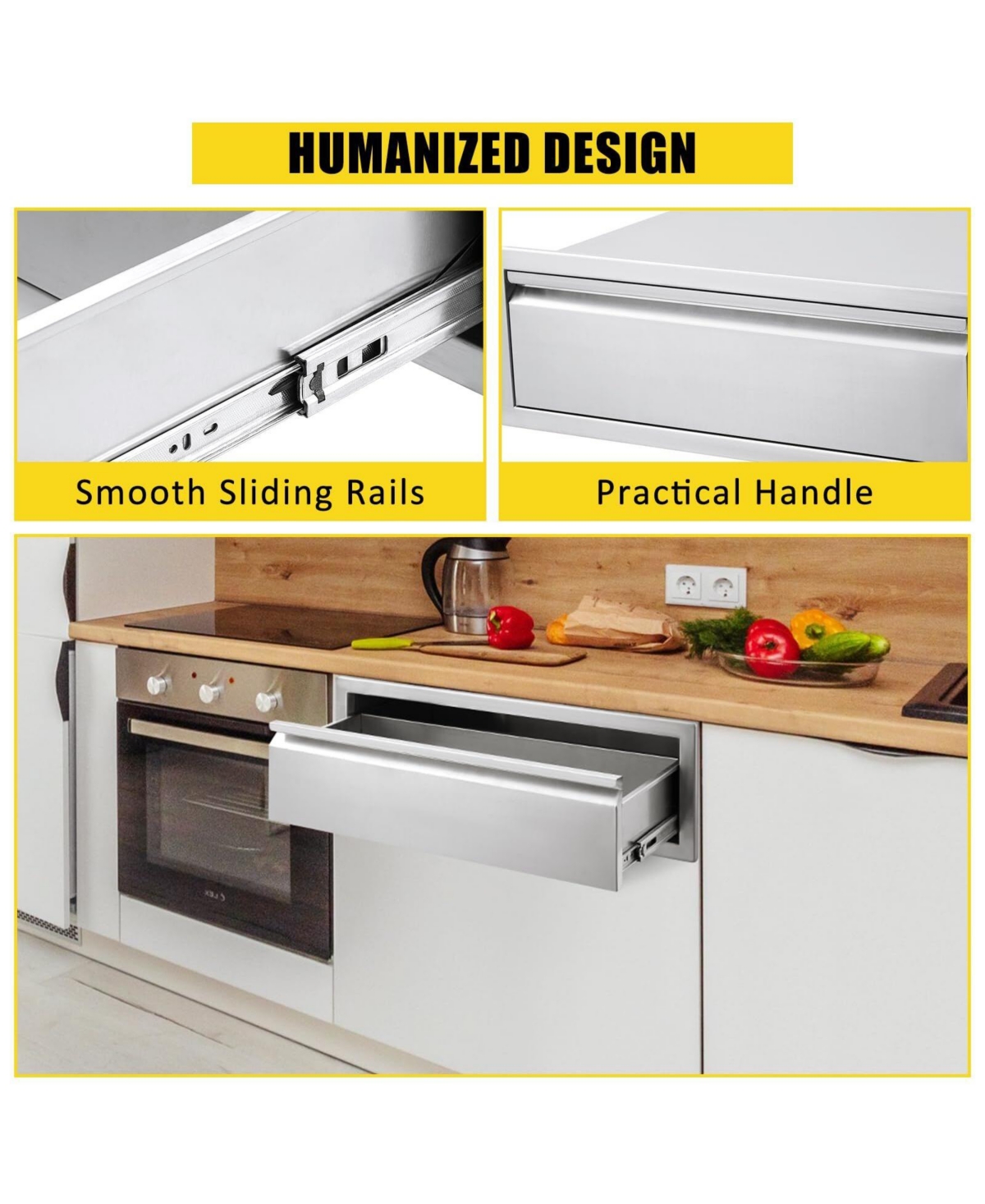 gaomon Outdoor Kitchen Drawer with Divider, Stainless Steel Flush Mount Single Bbq Drawer, 30W x 23D x 10H Inches Built-In Access Drawer with Venting