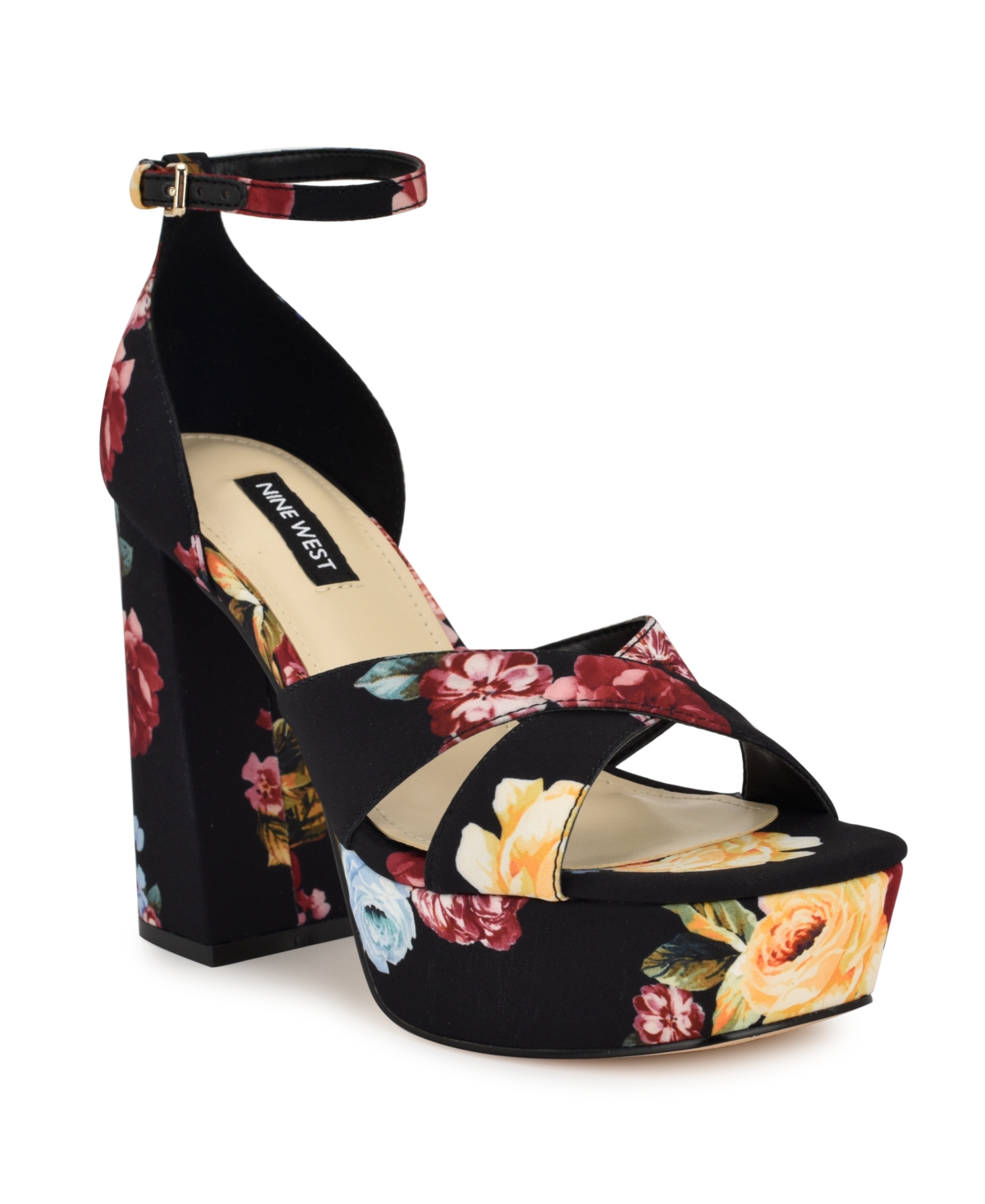 Nine West Vicky Ankle Strap Platform Sandal In Black Scattered Rose Multi