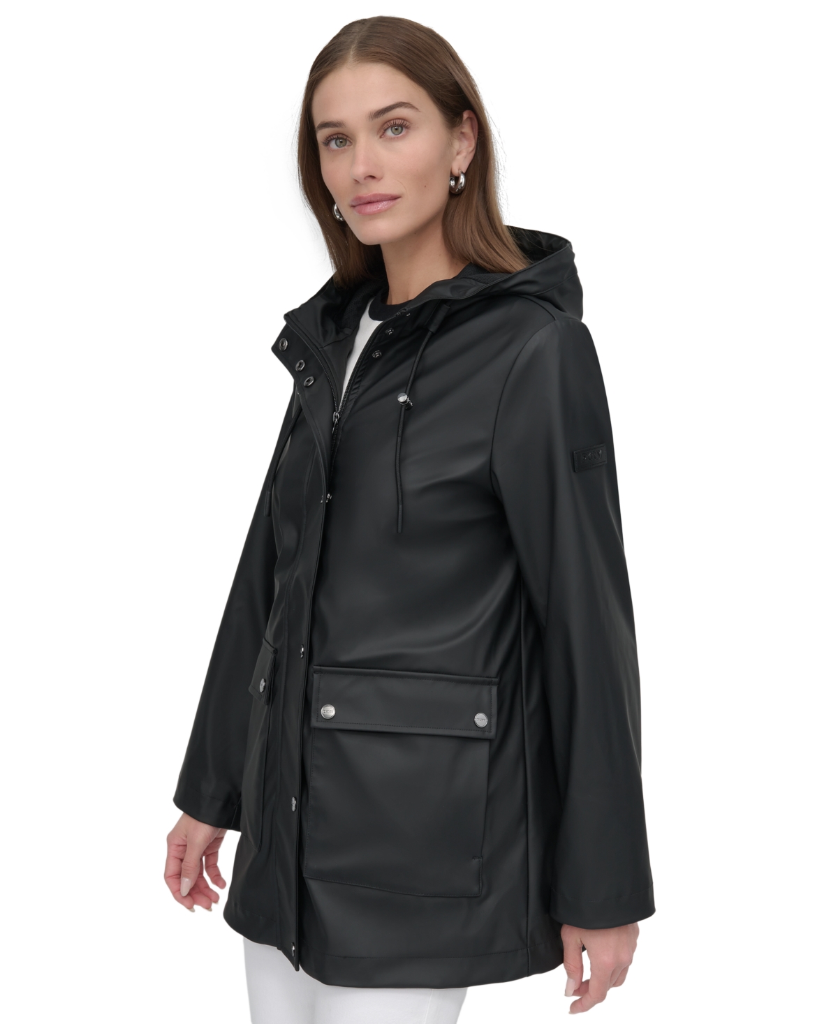 Shop Dkny Women's Hooded Zip-front Water-resistant Raincoat In Black