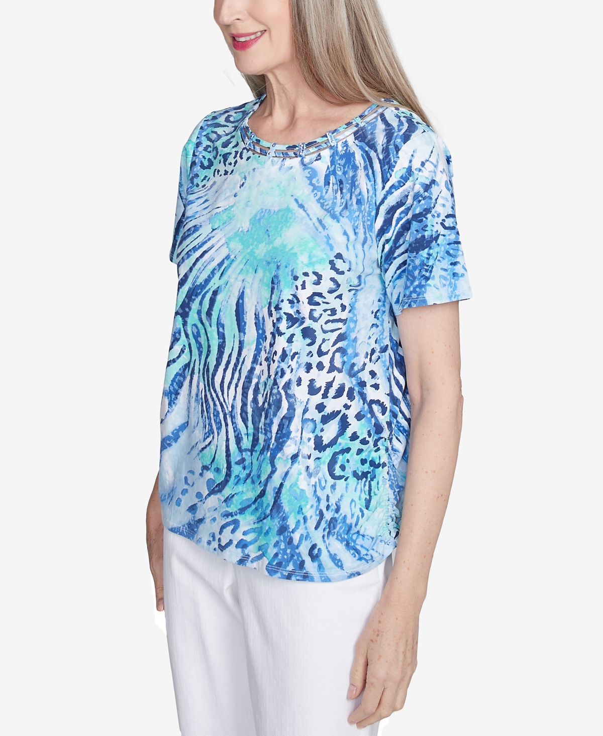 Alfred Dunner Plus Size Animal Printed Top With Ruched Sides In Blue