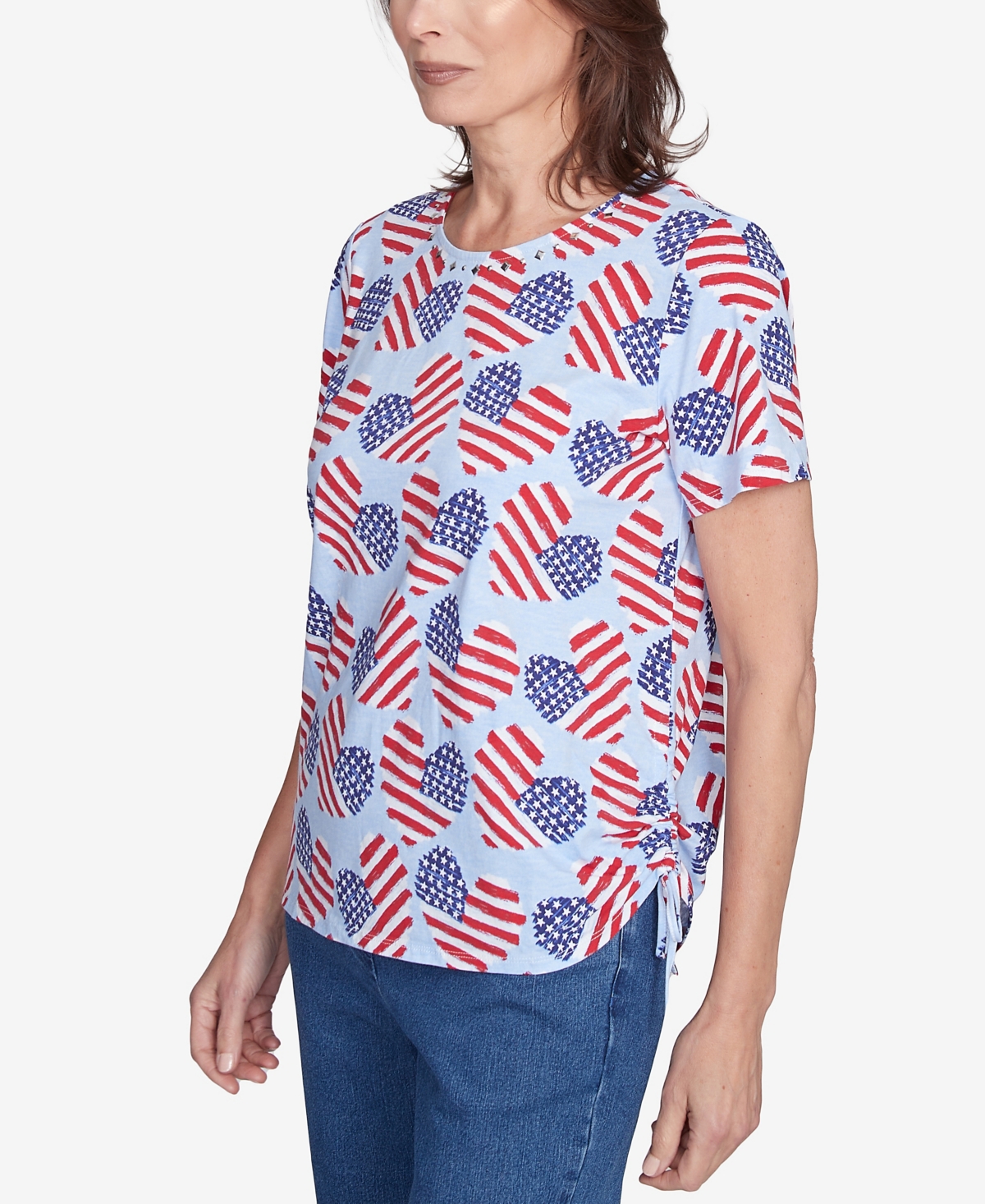 Alfred Dunner Petite All American Flag Hearts Three Quarter Sleeve Shirt In Blue