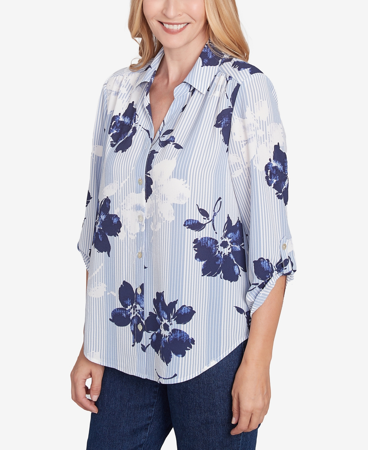 Alfred Dunner Petite Classics Striped Flower Button Front Tie Sleeve Blouse In Navy