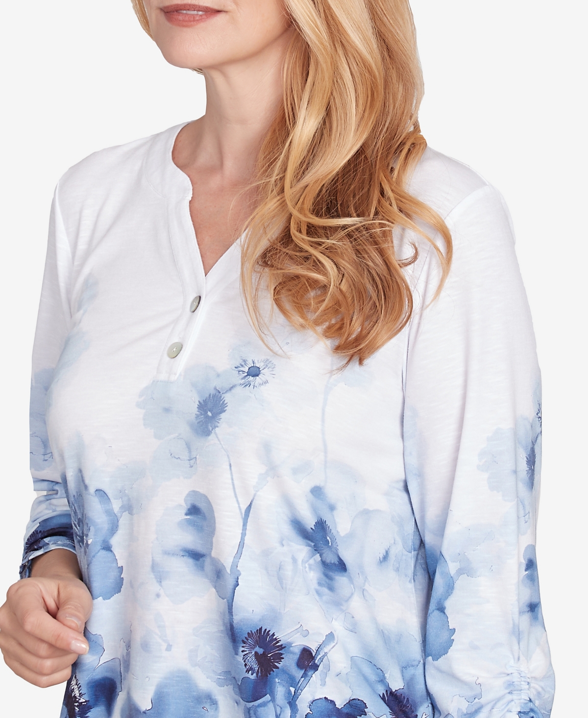 Alfred Dunner Petite Classics Floral Border Ruched Sleeve Henley Top In Navy Multi