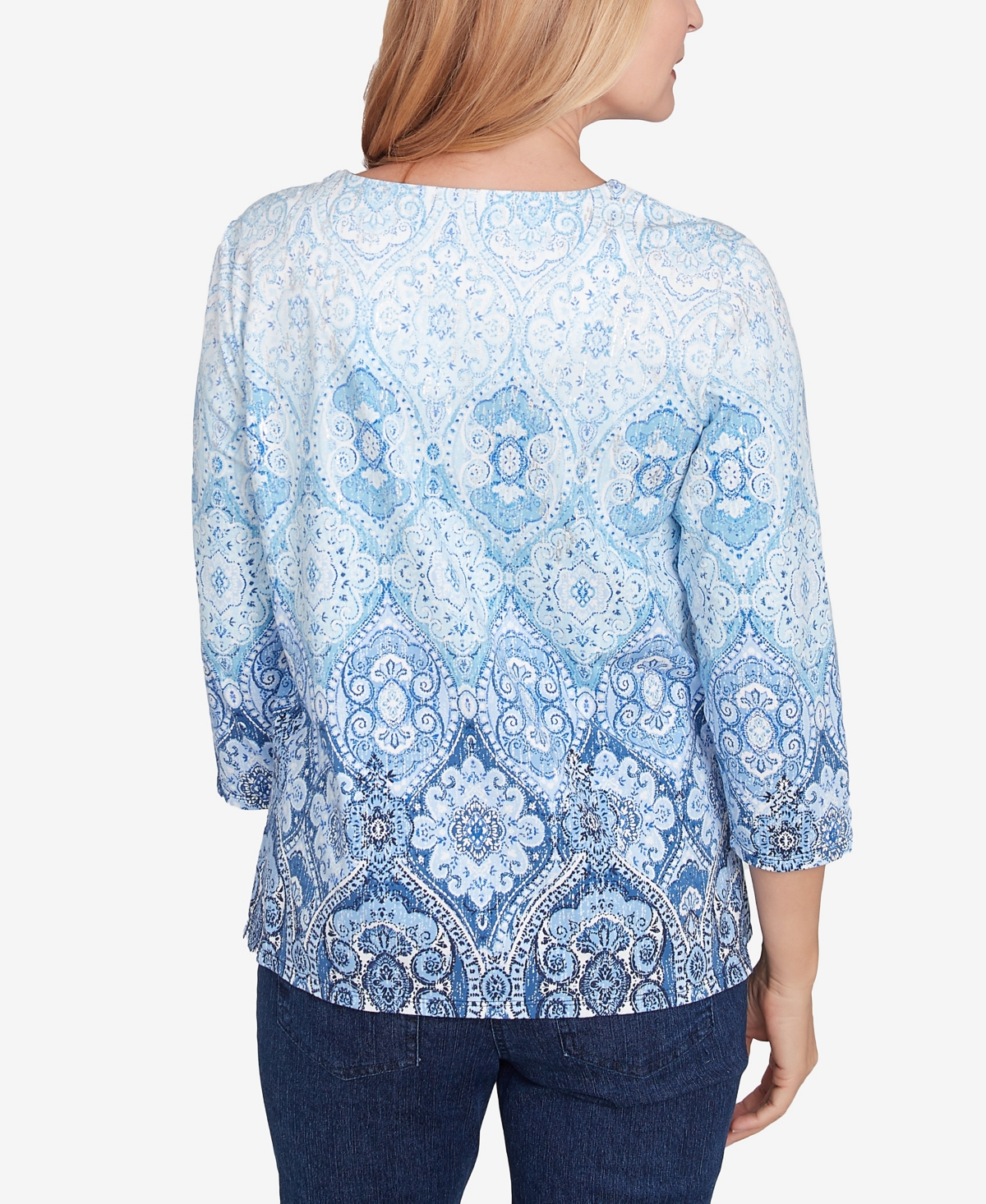 Alfred Dunner Plus Size Classic Split Beaded Neck Ombre Medallion Top In Navy