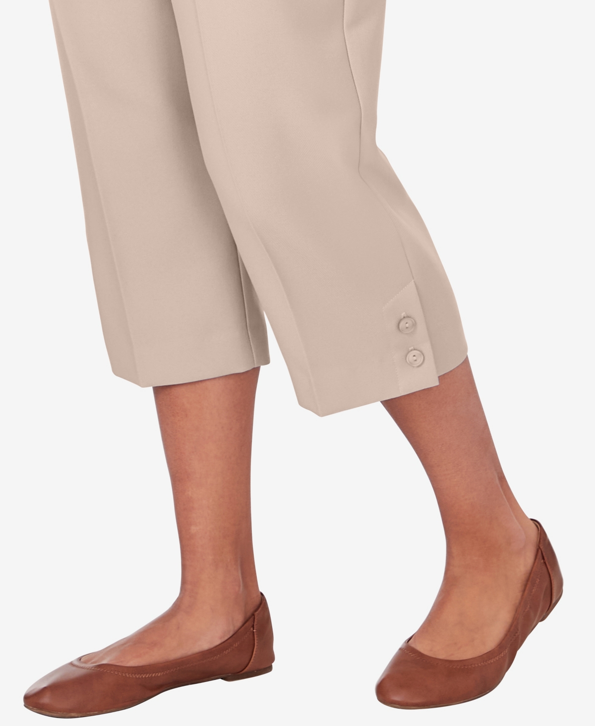 Alfred Dunner Petite Classic Stretch Waist Accord Button Hem Capri Pants In Tan