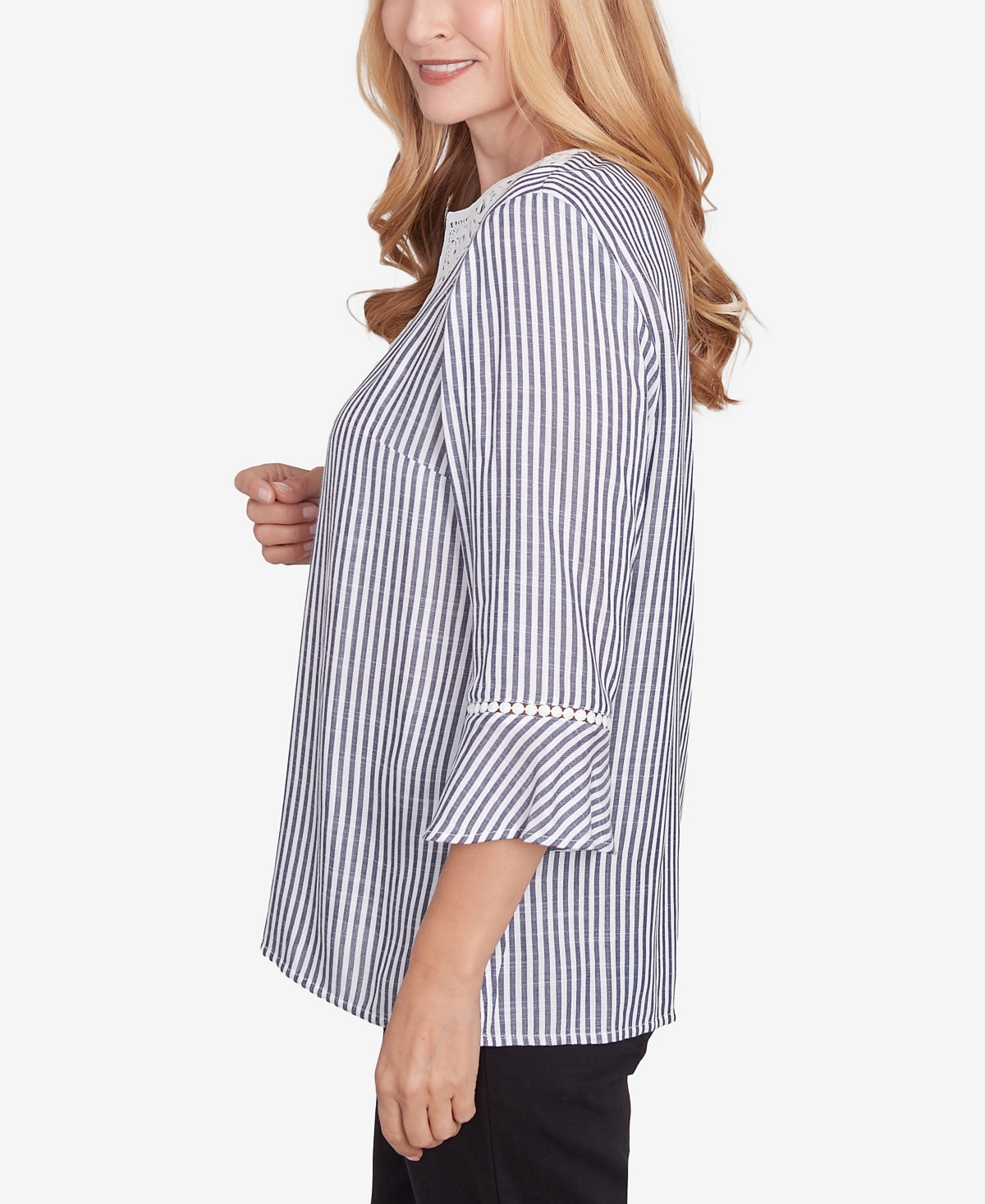 Alfred Dunner Women's Classic Embroidered Split Neck Striped Top In Black,white