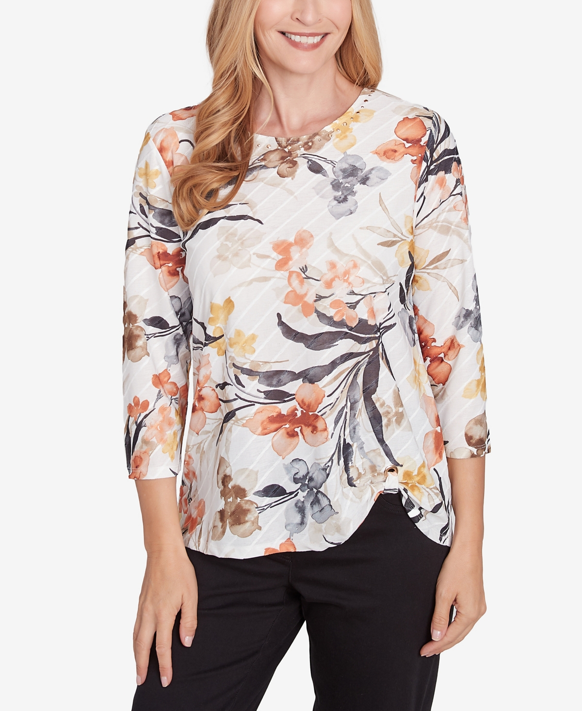 Alfred Dunner Petite Classics Watercolor Floral Crewneck Top In Neutral Multi