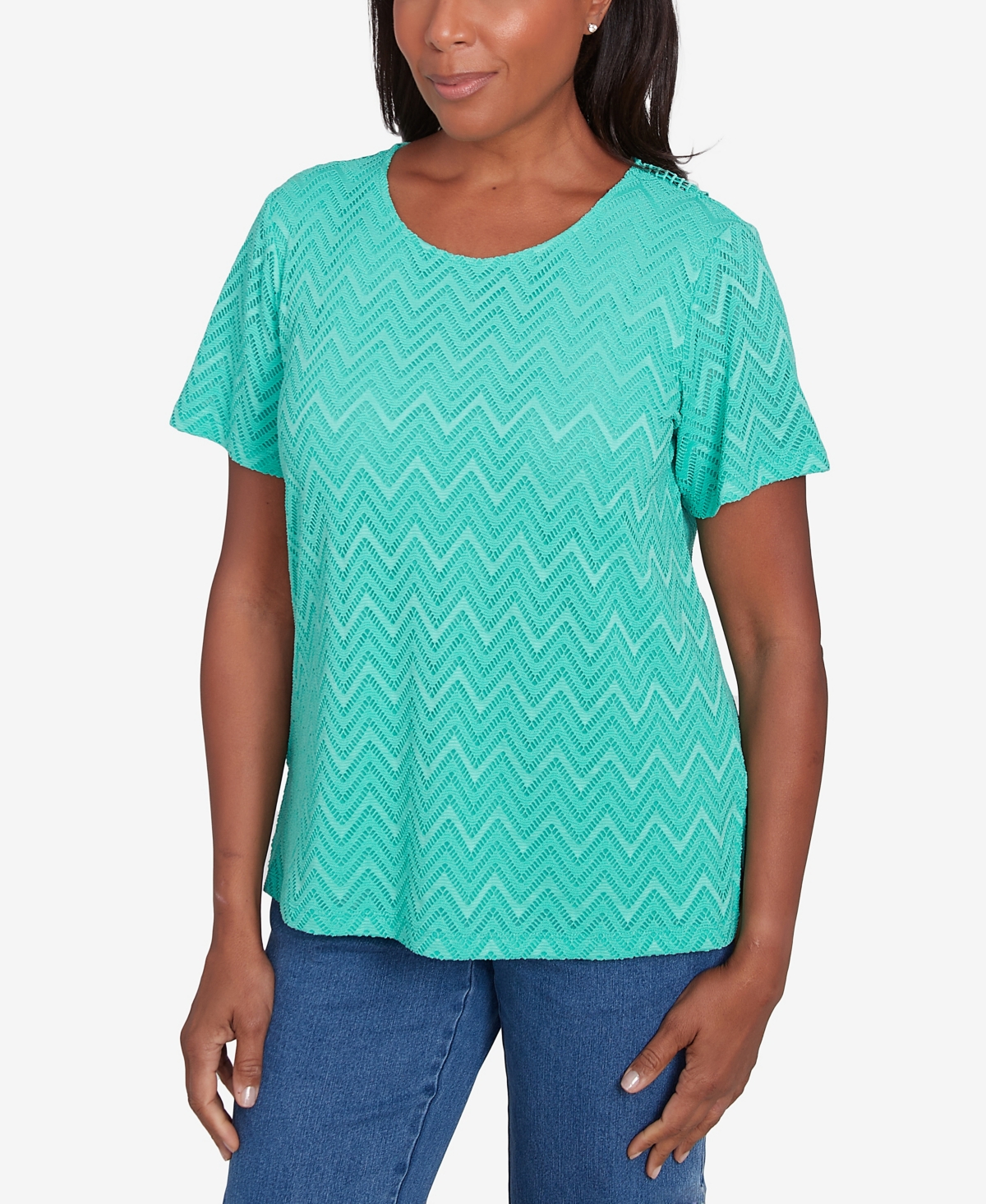 Alfred Dunner Petite Classics Textured Chevron Lace Back T-shirt In Jade