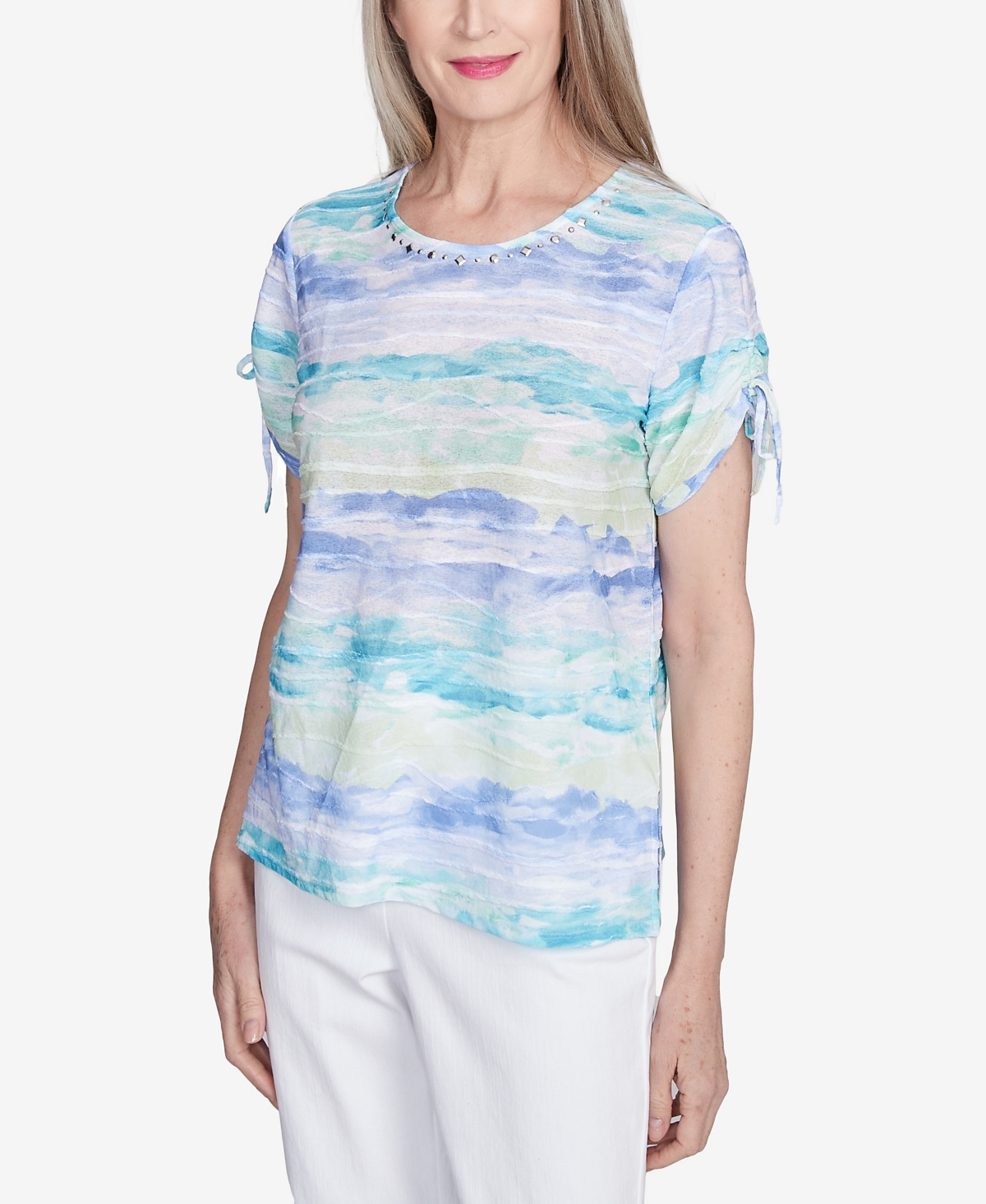 Alfred Dunner Women's Tied Short Sleeve Watercolor Top In Blue