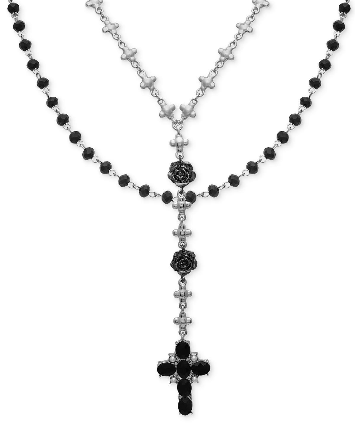 GUESS COLOR STONE & IMITATION PEARL CROSS LAYERED LARIAT NECKLACE, 24" + 2" EXTENDER 
