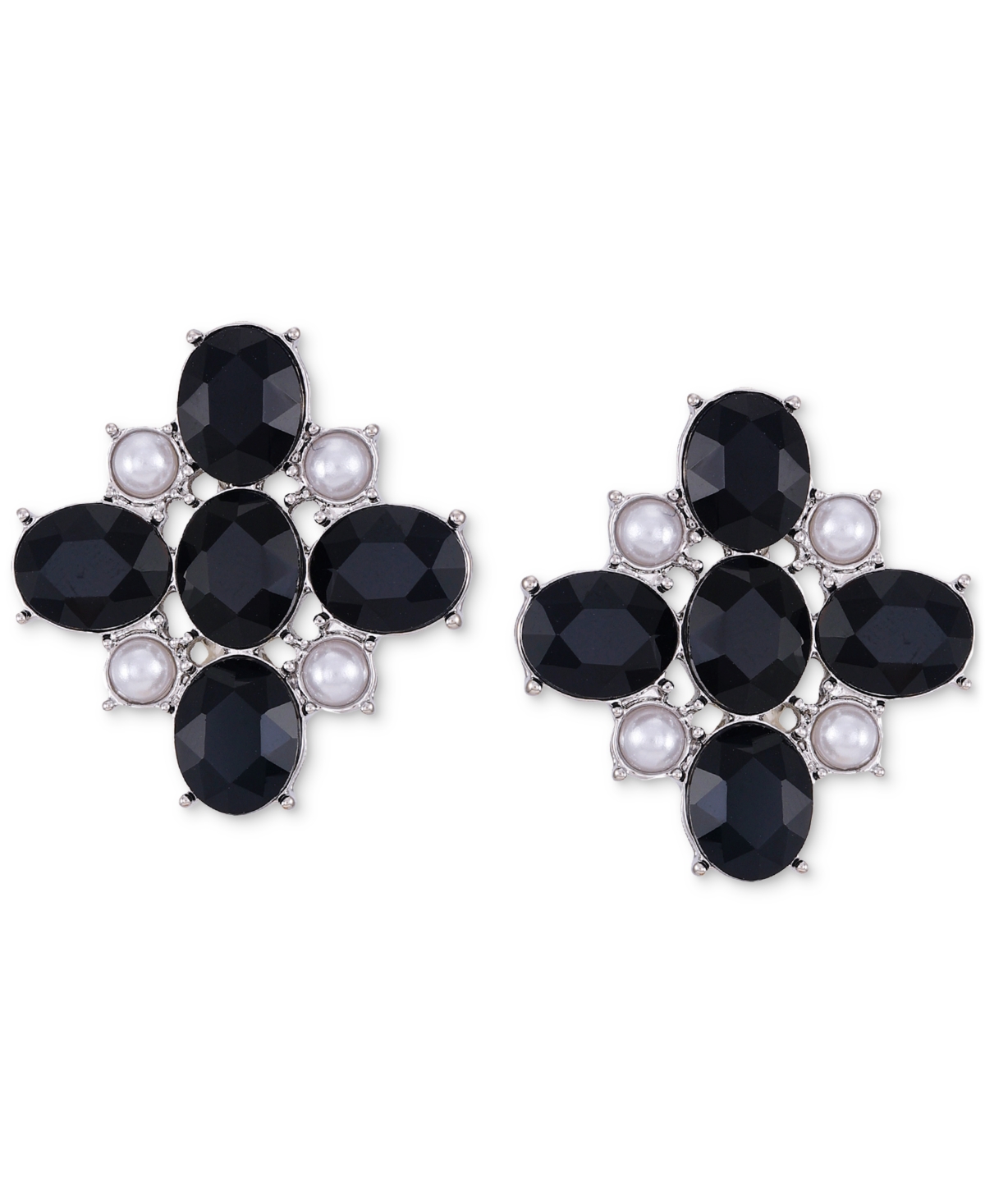 Stone & Imitation Pearl Flower Clip-On Stud Earrings - Black