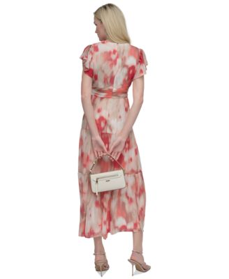 dkny women's chiffon flutter-sleeve tie-waist dress DKNY Women's Printed Flutter-Sleeve Tie-Waist Maxi Dress