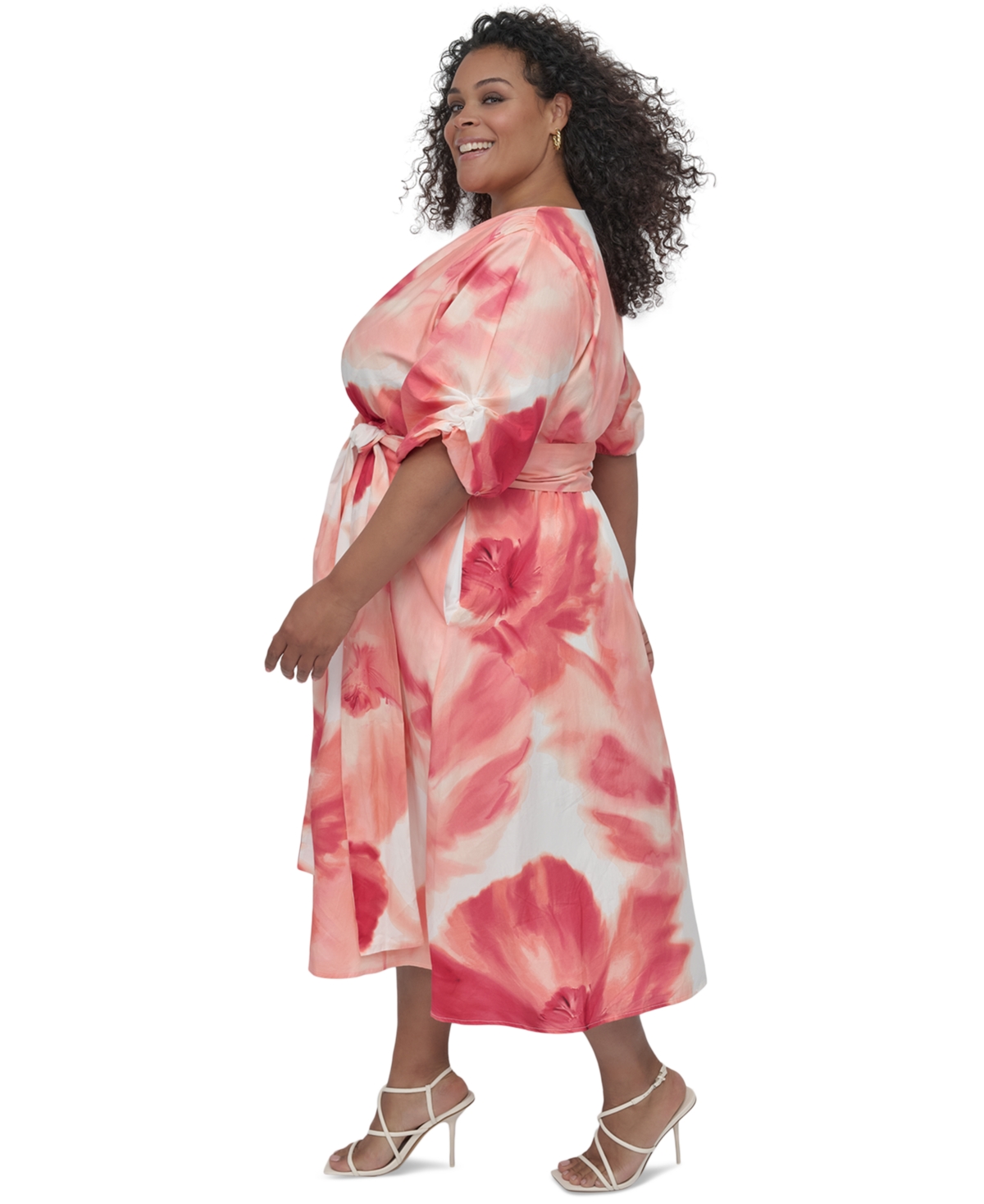 Dkny Plus Size Cotton Puff-sleeve Fit & Flare Dress In Watermelon Multi
