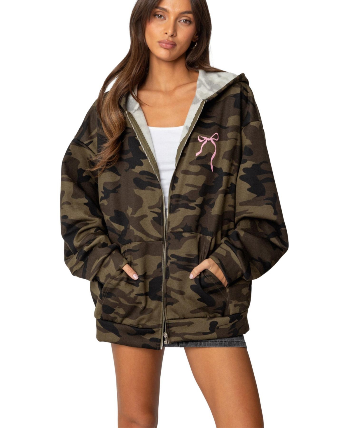 Womens Camo Oversized Bow Detail Hoodie - Olive