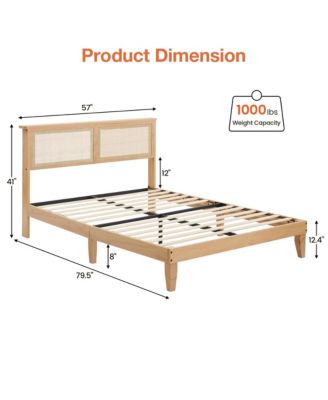 Full Size Bed Frame with Natural Rattan Headboard & Integrated LED Lights