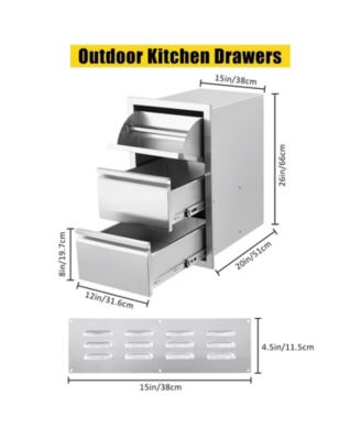 Outdoor Kitchen Drawers, Stainless Steel Flush Mount Triple BBQ Storage Drawers, 15.7W x 17.7D x 21.6H Inches Built-In Access Drawers with Venting Panel for Kitchen Island, Patio, Grill Station