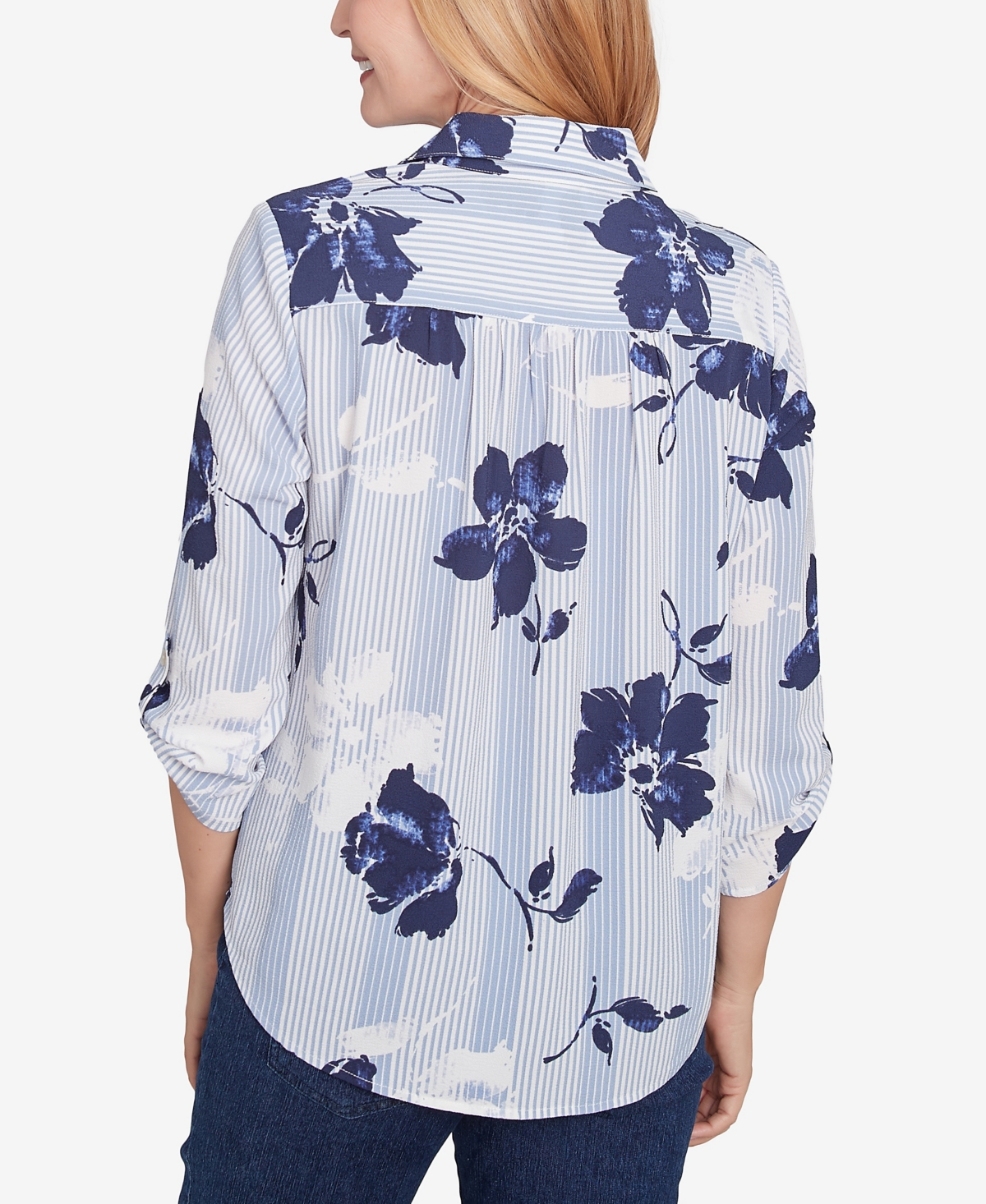 Alfred Dunner Petite Classics Striped Flower Button Front Tie Sleeve Blouse In Navy