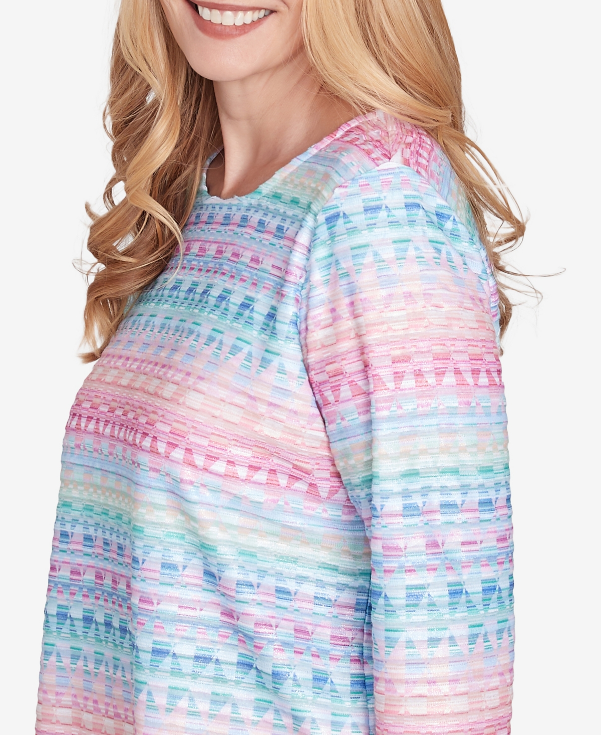 Alfred Dunner Petite Classics Geometric Crewneck Biadere Top In Multi Pink