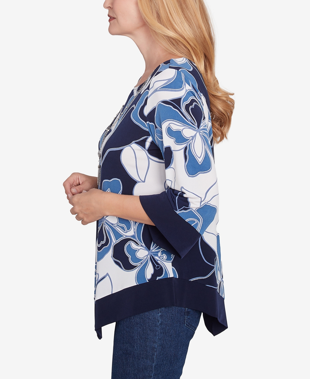 Alfred Dunner Plus Size Classic Abstract Bold Floral Patchwork Top With Necklace In Navy