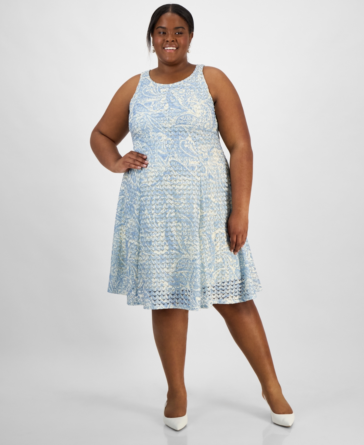 ROBBIE BEE PLUS SIZE POINTELLE KNIT SHRUG & PRINTED A-LINE DRESS SET 